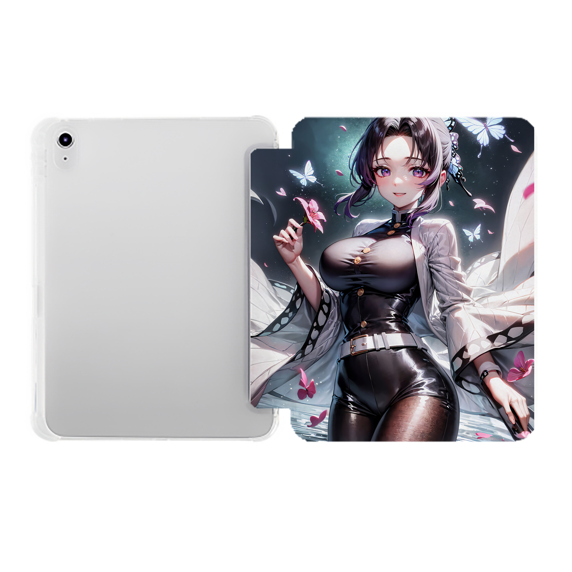 （画像用） 鬼滅の刃（きめつのやいば）蟲柱-胡蝶 しのぶ／こちょう しのぶ Kochou Shinobu IPad ケース ペン収納付き 三つ折りスタンド PUレザー×シリコン 対応機種9.5/10.5/10.9インチ